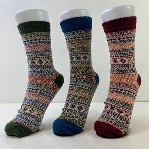 Womens Crew Socks Set 3 Fair Isle Nordic Pattern Green Blue Red Orange